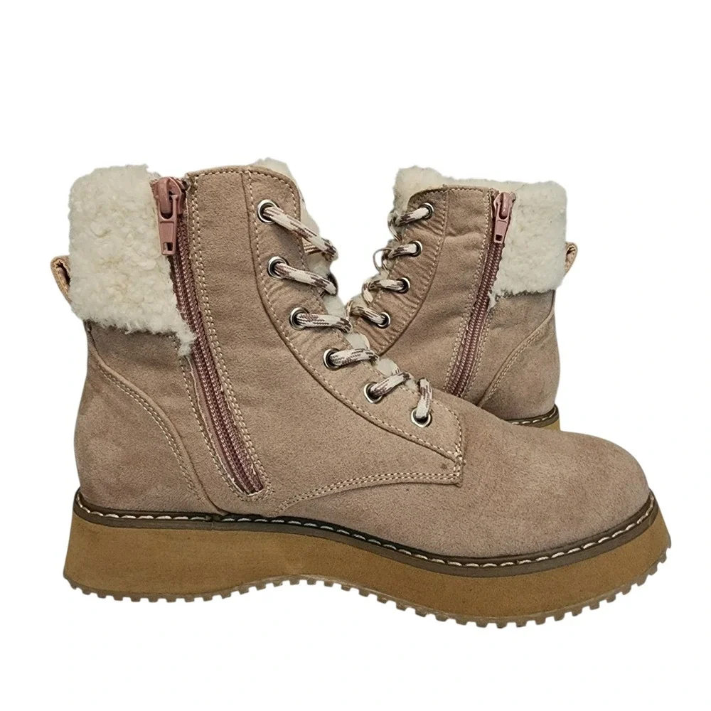 Madden Girl Boots sz 4‎ Girls 5.5 Wom KIMBER Hike Combat Beige Faux Suede Sherpa
